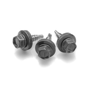 Trzy wkręty do blachy t.b.t. z łbem sześciokątnym i podkładką uszczelniającą.