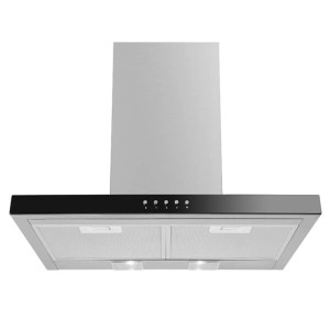 Okap ścienny t.b.t. ze stali nierdzewnej z czarnym panelem sterowania.