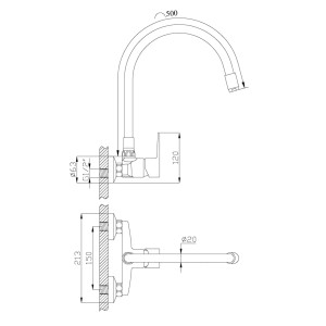 Rysunek techniczny jednouchwytowej baterii t.b.t. z wymiarami.