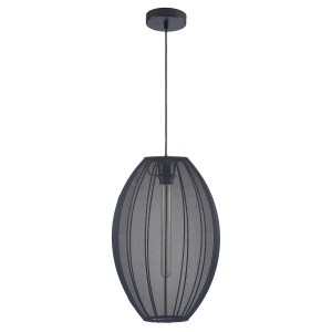 Czarna lampa wisząca t.b.t. z owalnym kloszem z siatki drucianej.