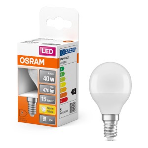 Żarówka LED Osram E14 w kształcie kropli, 4,9W, 470lm, ciepła biel, z opakowaniem.