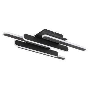 Nowoczesna lampa wisząca LED z czarnymi elementami i białym światłem.