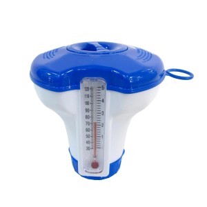 Niebiesko-biały pływak dozujący z termometrem do pielęgnacji basenu.