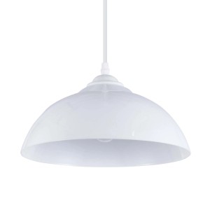 Prosta, biała lampa wisząca do użytku wewnętrznego.