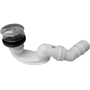 Syfon wannowy t.b.t., chromowany korek, biała rura z tworzywa sztucznego.