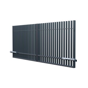 Szara metalowa brama ogrodzeniowa t.b.t. z napędem do użytku zewnętrznego.