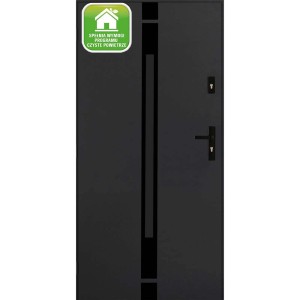 Nowoczesne, szare drzwi zewnętrzne z pionowym przeszkleniem i czarnym zestawem klamek.