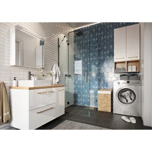 Nowoczesny zestaw mebli łazienkowych z szafką pod umywalkę, szafką z lustrem i prysznicem.