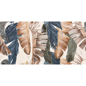 Dekoracyjny wzór z tropikalnymi liśćmi w odcieniach brązu, niebieskiego i zieleni.