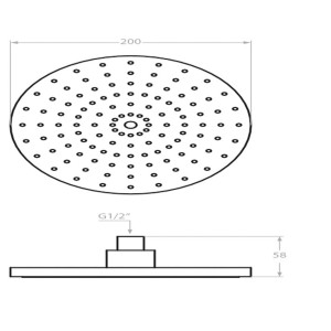 Rysunek techniczny: głowica prysznicowa t.b.t. z wymiarami (średnica 200 mm, wysokość 58 mm).