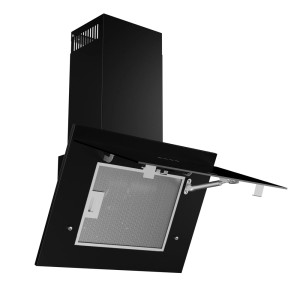 Czarny okap ścienny t.b.t. z otwartą klapką filtra i srebrnym filtrem.