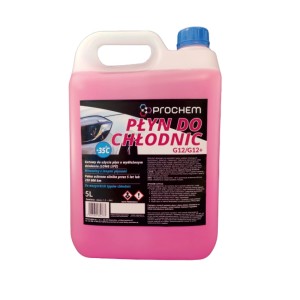 Kanister z różowym płynem chłodniczym do pielęgnacji samochodu.