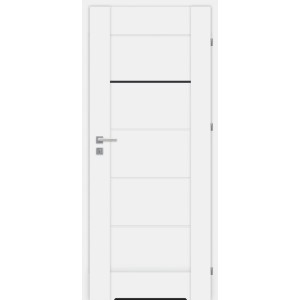Białe drzwi wewnętrzne t.b.t. z pięcioma panelami i srebrną klamką.