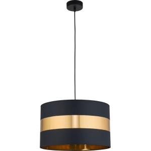 Czarna lampa wisząca t.b.t. ze złotym paskiem, idealna jako lampa do salonu.