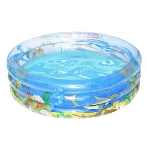 Nadmuchiwany brodzik dla dzieci z niebieską wodą i motywami morskimi.