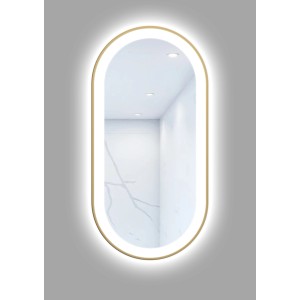 Owalne lustro z oświetleniem LED i złotą ramą.