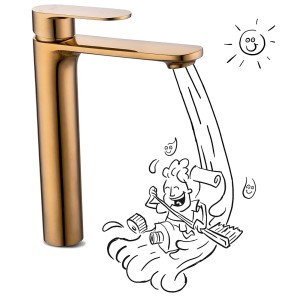 Złota bateria umywalkowa z przepływem wody i ilustracją kreskówkową.