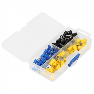 Zestaw końcówek kablowych: Różne kolory i kształty w przezroczystym pudełku.