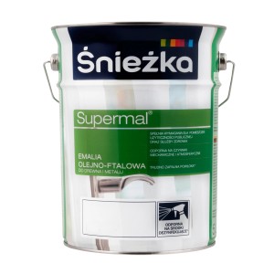 Biała emalia Śnieżka Supermal do drewna i metalu w metalowym wiadrze.