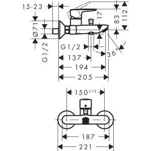 Rysunek techniczny: Bateria wannowa Hansgrohe MySport, chrom, z wymiarami.