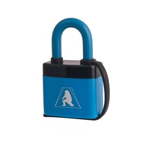 Niebieska kłódka t.b.t. z motywem Bigfoot dla większego bezpieczeństwa.