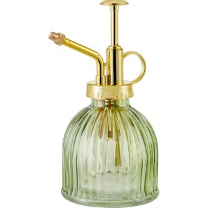Dekoracyjny spryskiwacz do kwiatów ze złotą główką i zielonym szklanym pojemnikiem.