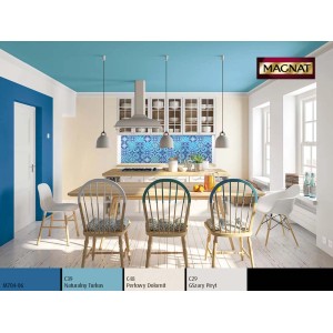 Scena kuchenna z kolorowo pomalowanymi ścianami (odcienie niebieskiego i turkusu) i próbkami kolorów Kolorowe farby do ścian.