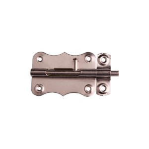 Metalowy rygiel do drzwi i bram, w kolorze srebrnym.