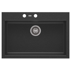 Czarny zlewozmywak granitowy t.b.t. z okrągłym odpływem i dwoma otworami na baterię.