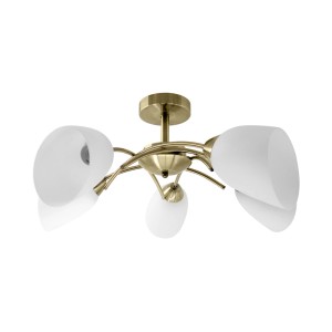 Nowoczesna lampa sufitowa t.b.t. z pięcioma białymi szklanymi kloszami i ramą w kolorze mosiądzu.