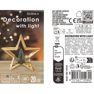 Dekoracja drewniana stojąca GWIAZDA 20 LED śr. 32 cm ciepły biały