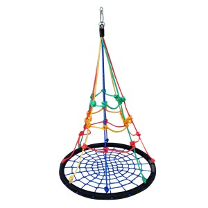 Okrągłe huśtawka typu "gniazdo" z kolorowymi linami i czarnym obramowaniem.