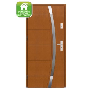 Nowoczesne drzwi zewnętrzne w kolorze drewna ze srebrnym elementem dekoracyjnym. Drzwi wejściowe.