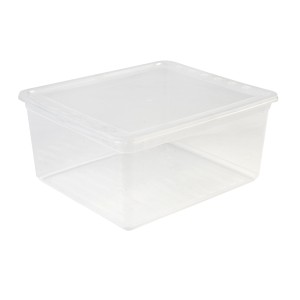Przezroczysty pojemnik do przechowywania t.b.t. z pokrywką.
