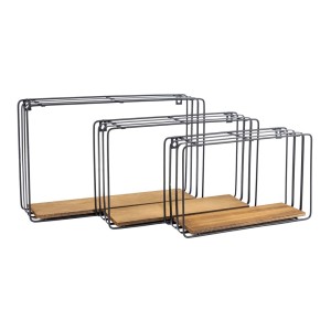 Zestaw trzech czarnych półek ściennych z drewnianą półką.