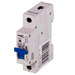 Wyłącznik nadprądowy BEMKO C25, 1-biegunowy, z niebieskim przełącznikiem.