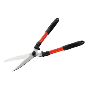 Ręczne nożyce do żywopłotu, 53 cm, z czerwonymi metalowymi uchwytami i czarnymi elementami uchwytu.