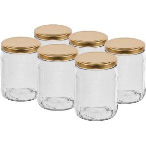 Sześć pustych słoików do przetworów ze złotymi pokrywkami do winiarstwa i przetwórstwa.