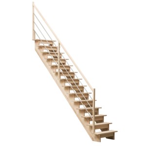 Jasne drewniane schody z balustradą ze stali nierdzewnej do wnętrz.