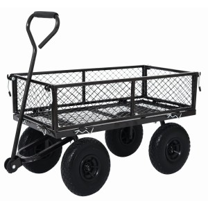 Czarny wózek transportowy z koszem siatkowym i sześcioma kołami.