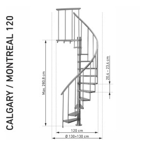 Ilustracja schodów spiralnych do użytku wewnętrznego z wymiarami.