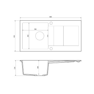 Rysunek techniczny zlewozmywaka granitowego t.b.t. z wymiarami.