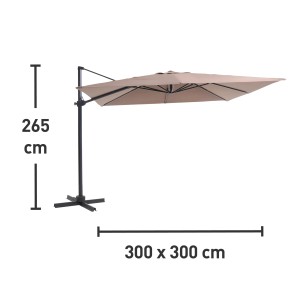 Parasol wiszący OBI Tampico, taupe, 300x300 cm, z wymiarami. Kwadratowy parasol do ogrodu i na taras.