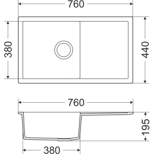 Rysunek techniczny zlewozmywaka granitowego t.b.t. z wymiarami.
