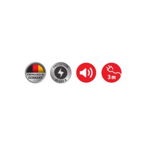 Symbole dla przedłużacza t.b.t.: Wyprodukowano w Niemczech, ochrona przeciwprzepięciowa, sygnał dźwiękowy, kabel 3m.