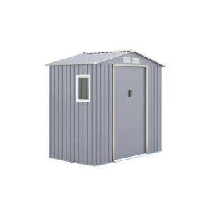 Szary metalowy domek narzędziowy z oknem i drzwiami. Idealny do przechowywania narzędzi ogrodowych.