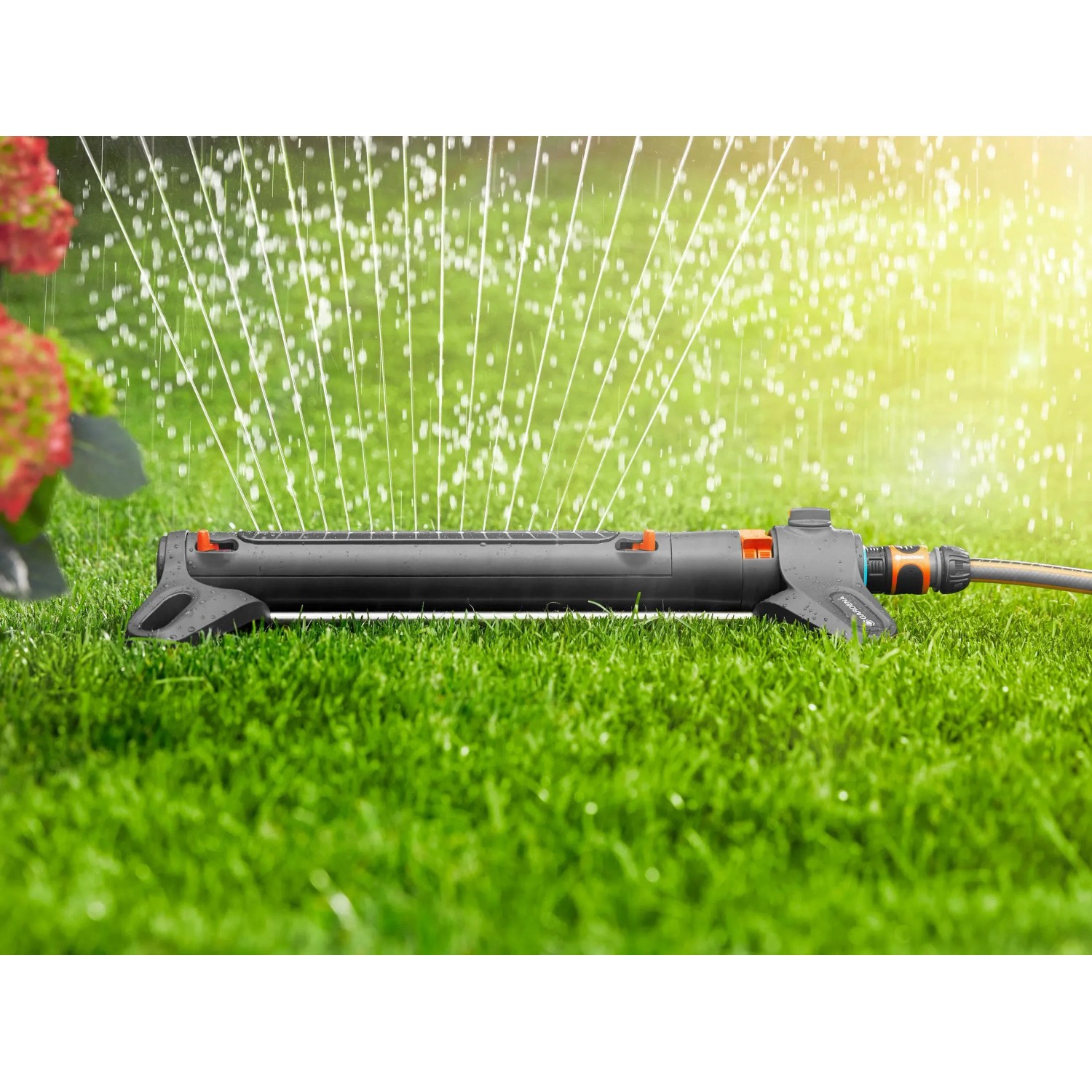 Zraszacz Gardena Aqua Zoom M w akcji, precyzyjnie nawadnia trawnik.