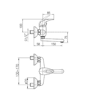 Rysunek techniczny baterii umywalkowej t.b.t. z wymiarami.