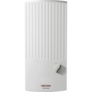 Biały, elektroniczny przepływowy ogrzewacz wody Stiebel Eltron z regulacją temperatury.