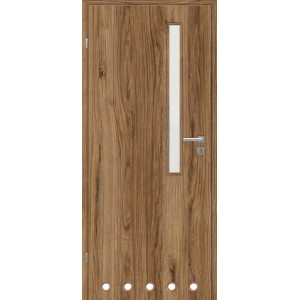 Nowoczesne drzwi wewnętrzne w kolorze drewna z przeszkleniem i okrągłymi akcentami na dole.